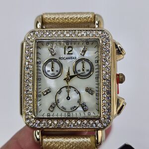 Rocawear ‎ Women's Watch 36MM Crystal Bezel Gold Case Gold Faux Leather Bands